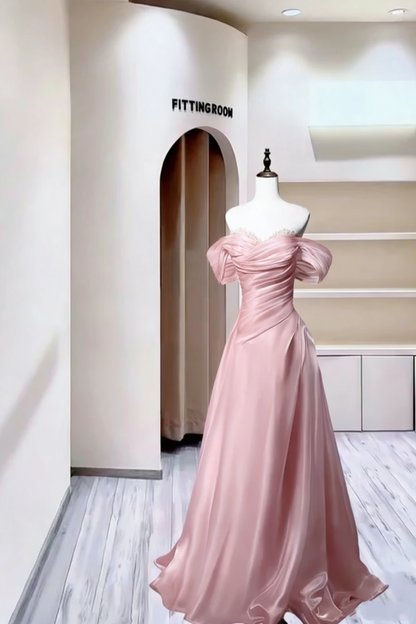 Charming Off The Shoulder Ball Gown Blue Satin Pleated Beaded Long Party Dress Evening Gown D2390