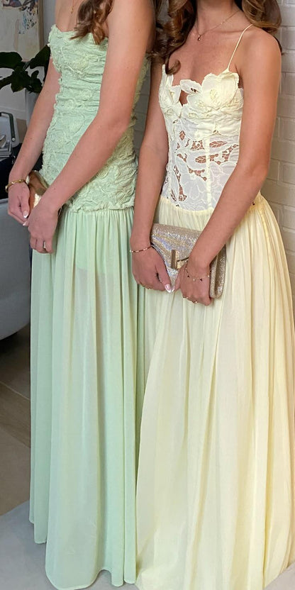Elegant Light Green Tulle Ruched Floral Chiffon A Line Long Prom Dress Party Gown D3442