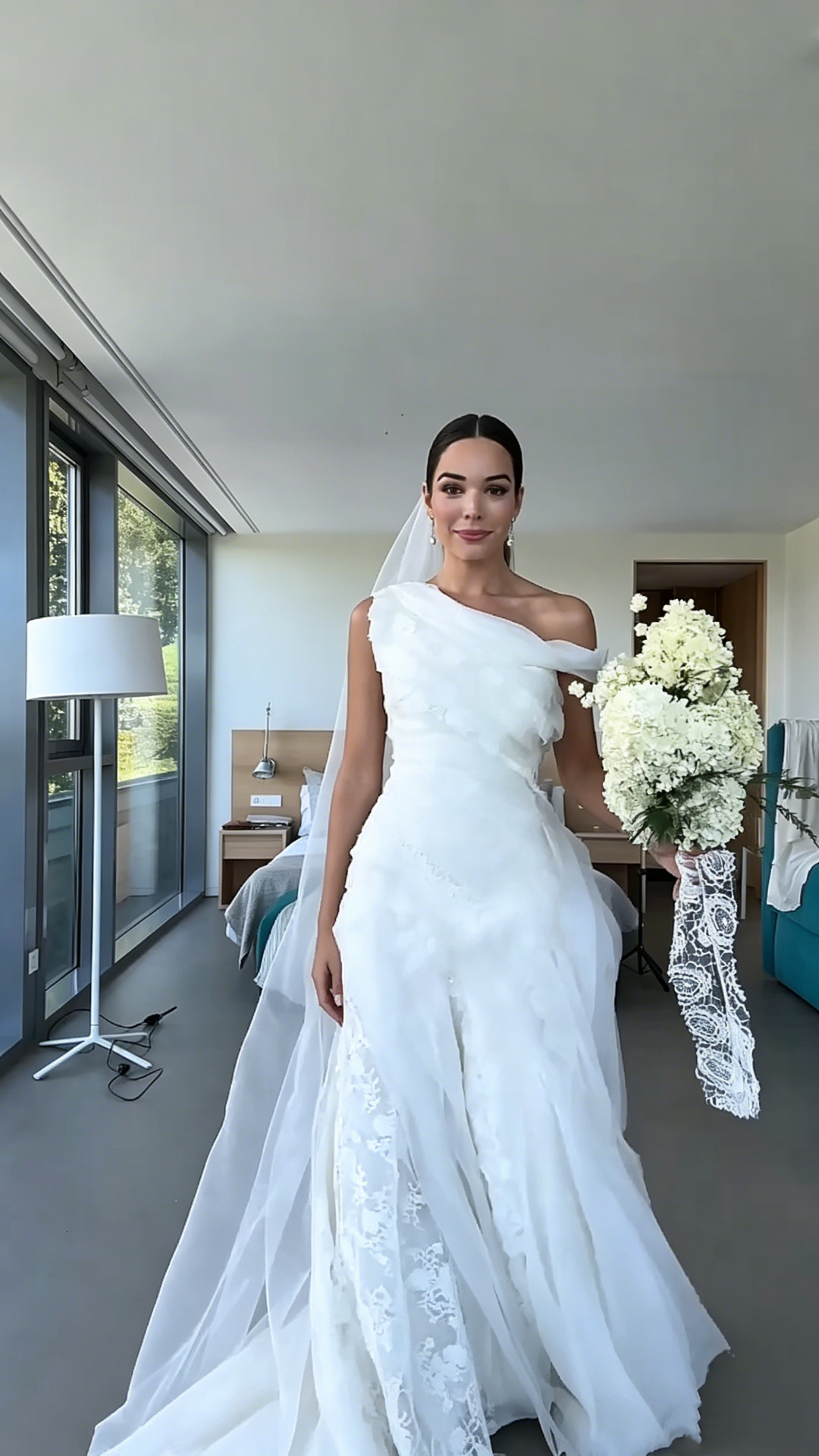 Glamorous One Shoulder Tulle Pleated Lace Mermaid Long Wedding Dress,White Bridal Dress D3900