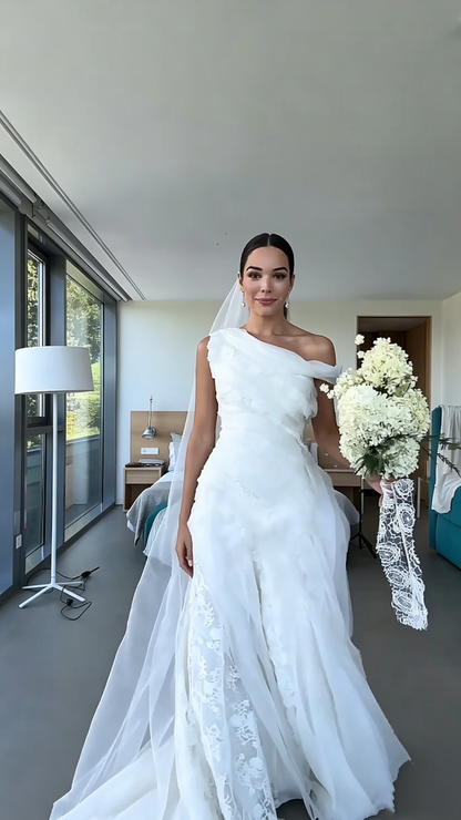 Glamorous One Shoulder Tulle Pleated Lace Mermaid Long Wedding Dress,White Bridal Dress D3900