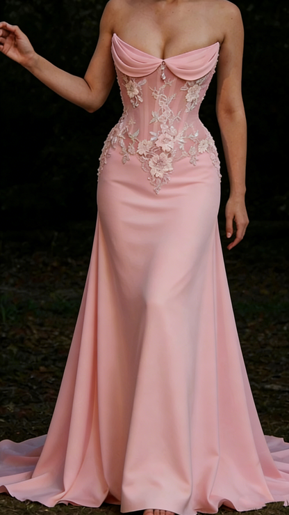 Classy Strapless Satin Appliques White Mermaid Long Wedding Dress Bridal Dress D1940