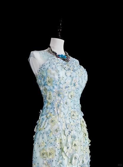 Classy Sleeveless Light Blue Tulle Appliques Mermaid Long Evening Dress Prom Dress D5388