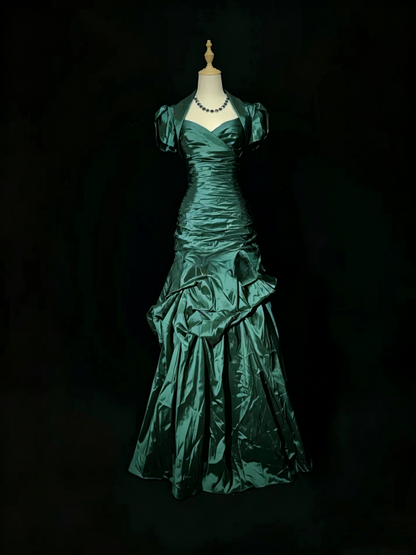 Vintage Blue Satin Pleated Mermaid Long Party Gown Formal Prom Dress D753