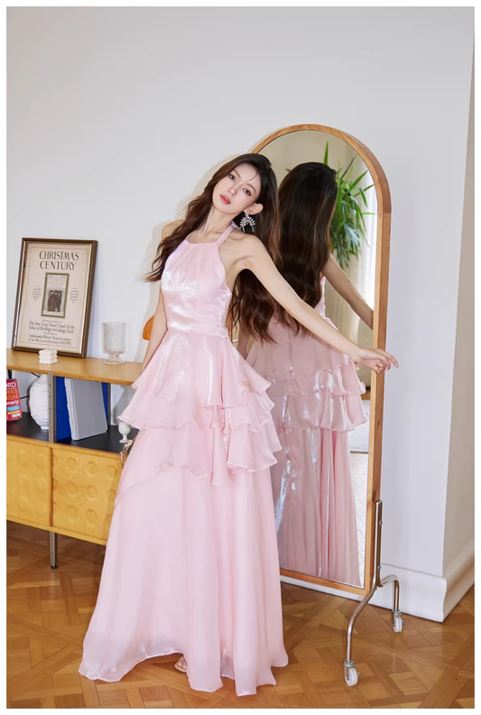 Classy Halter Pink Satin Ruffles Long Birthday Party Dress Evening Dress D2428