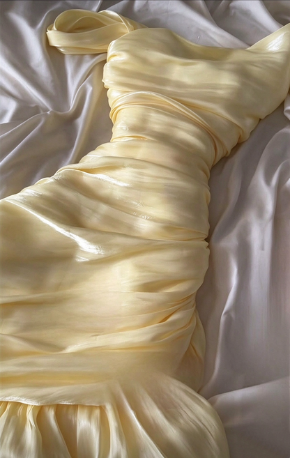 Classy Yellow Tulle Pleated Ruffles Mermaid Long Party Dress Birthday Evening Dress D4763
