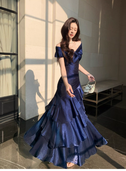 Stylish Navy Blue Off The Shoulder Satin Layered Ruffles Mermaid Long Evening Dress Prom Gown D2183