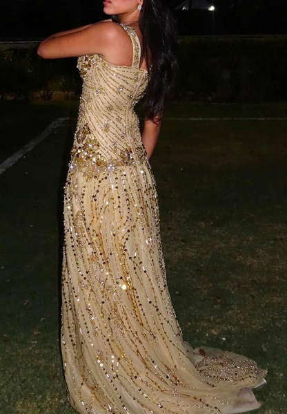Luxurious Champagne Gold Tulle Sequin Beaded Mermaid Long Evening Dress Birthday Party Dress D4996