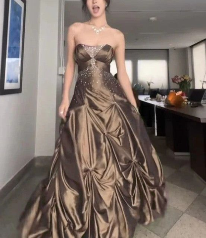 Retro Ball Gown Strapless Green Ruffles Satin Long Party Dress Prom Dresses SD1388