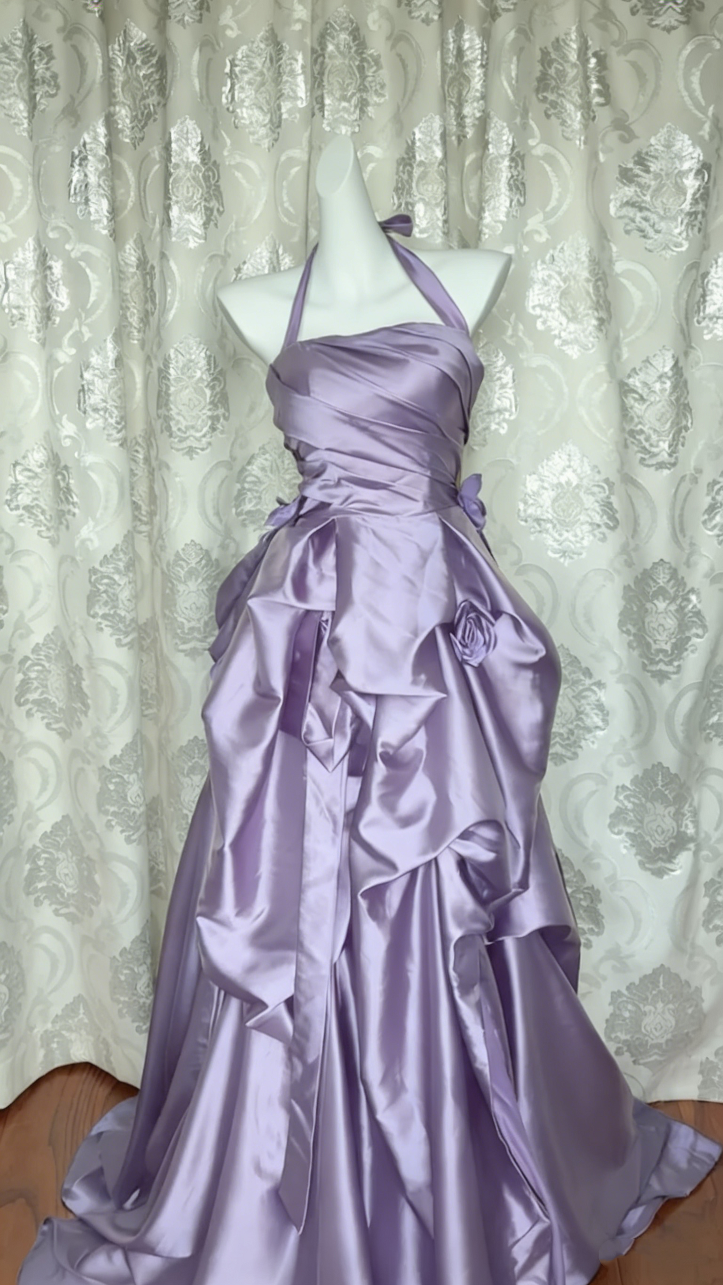 Retro Halter Navy Blue Satin Pleated Ball Gown Long Party Dress D1042