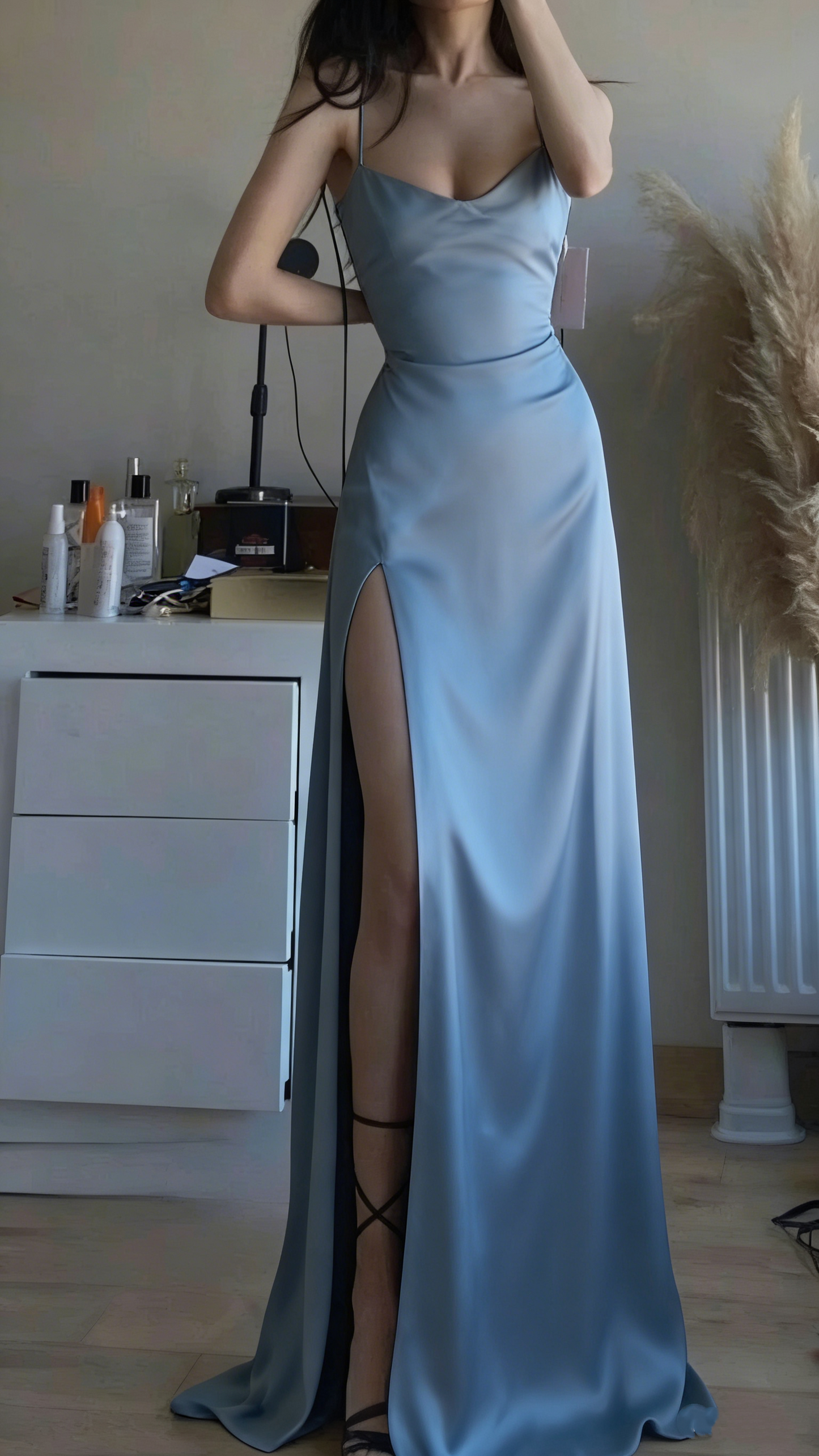 Sexy A Line Spaghetti Straps Black Satin Slit Party Dress Long Prom Dresses SD1516