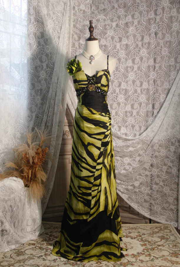 Unique Spaghetti Straps Green Chiffon Beaded Mermaid Long Prom Dress Evening Dress D2251