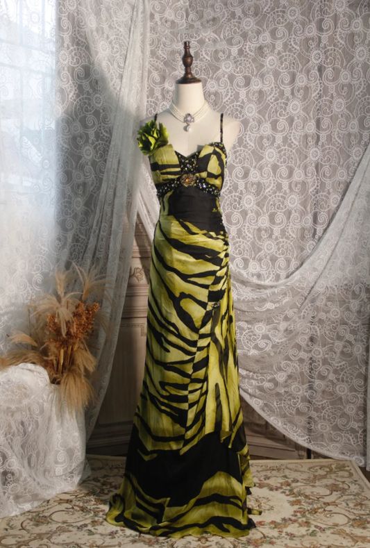 Unique Spaghetti Straps Green Chiffon Beaded Mermaid Long Prom Dress Evening Dress D2251