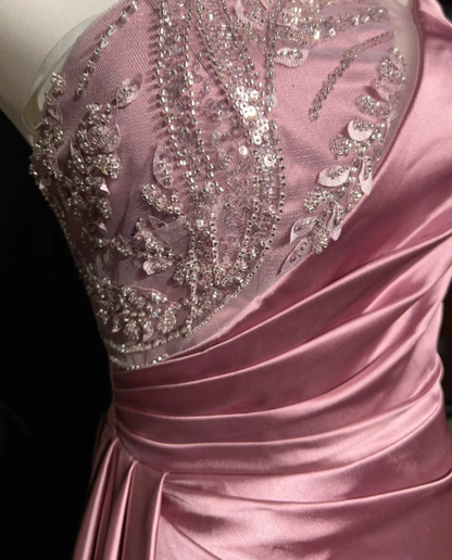 Chic One Shoulder Satin Sequin Beaded Mermaid Long Evening Dress Formal Pink Wedding Guest Dress D2073