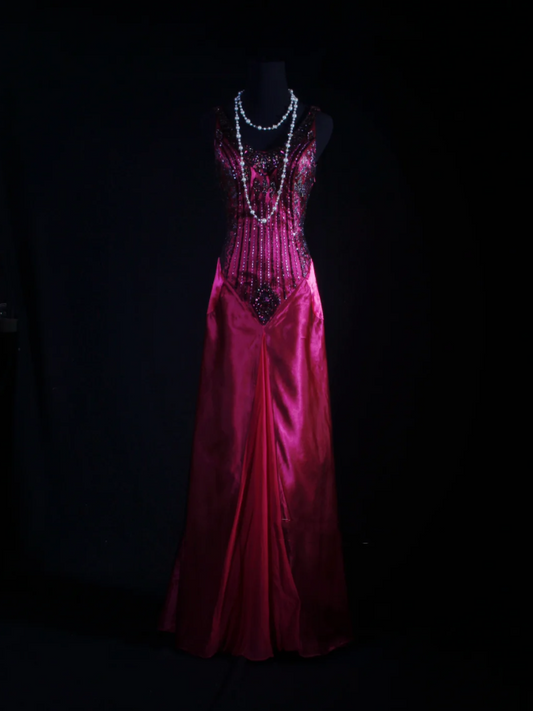 Charming V Neck Hot Pink Satin Beaded Mermaid Long Party Dress Birthday Evening Gown D2221