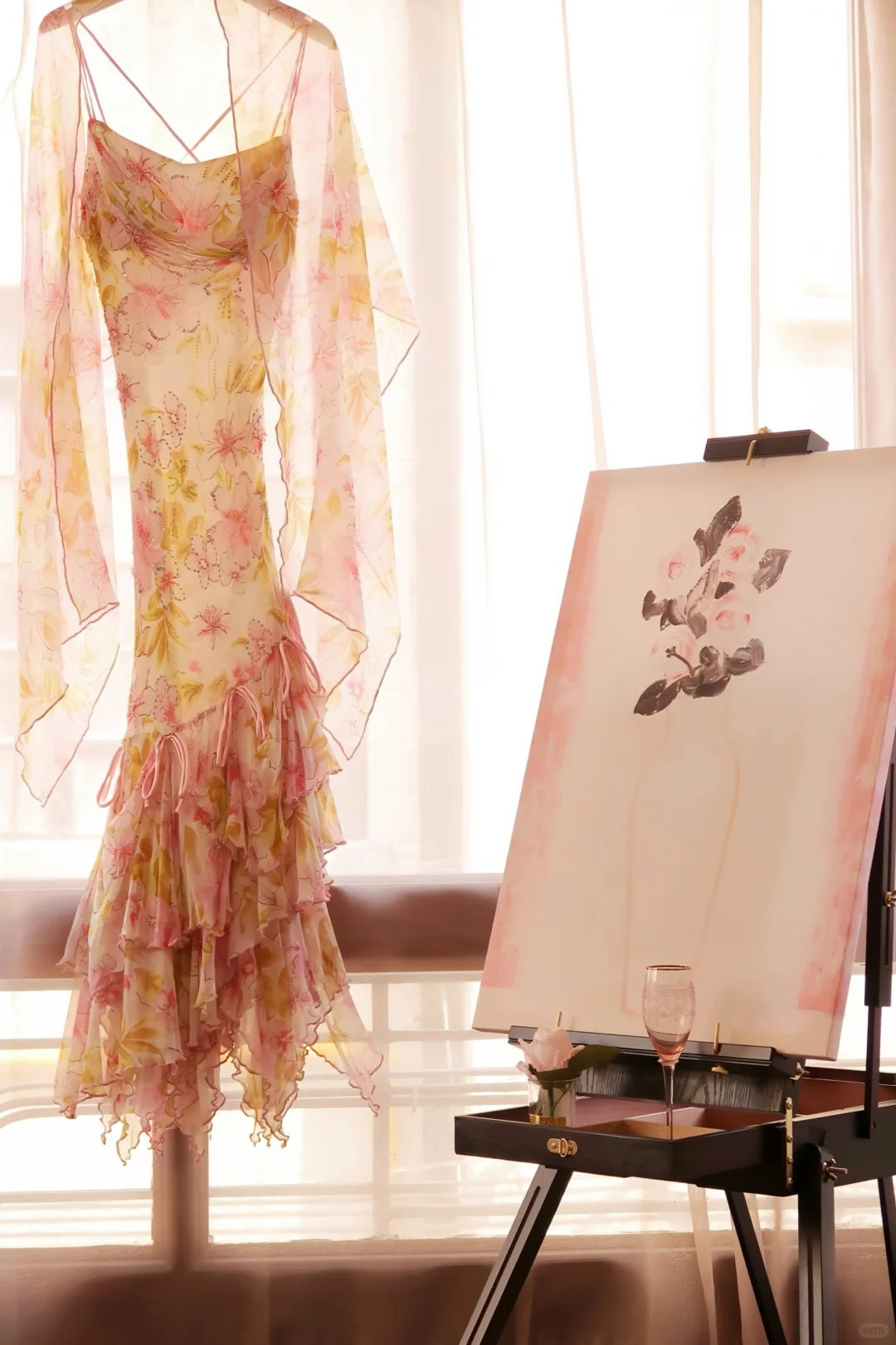 Pretty Pink Chiffon Print Floral Ruffles Mermaid Evening Dress Long Birthday Dress With Wrap D2769
