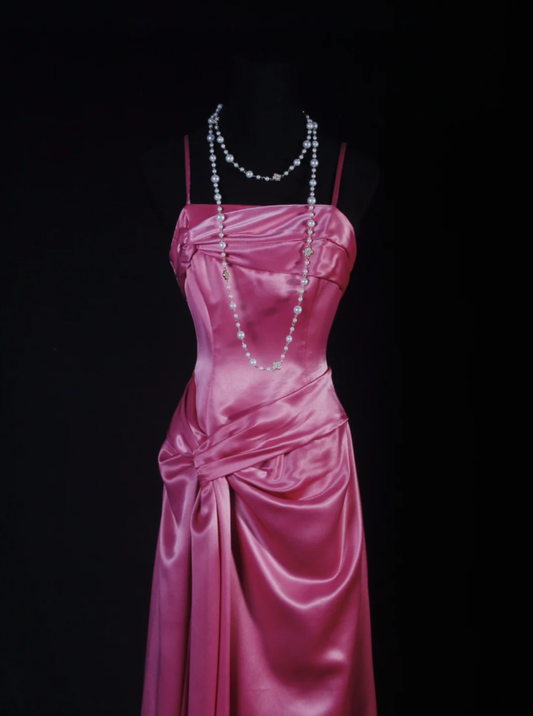Elegant Pink Satin Pleated Mermaid Long Wedding Guest Dress Formal Party Dress D2008