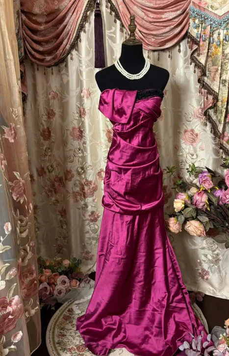 Retro Hot Pink Strapless Satin Pleated Mermaid Evening Dress Long Prom Gown D1046