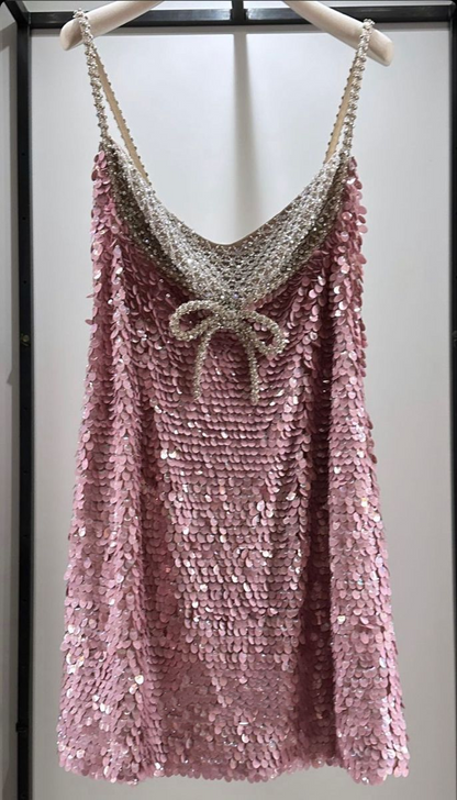 Pretty Pink Spaghetti Straps Sequin Beaded Short Homecoming Dress Cocktail Dress D3286