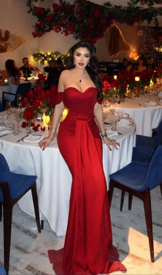 Charming Red Off The Shoulder Satin Pleated Mermaid Long Wedding Guest Dress Prom Dress D1726
