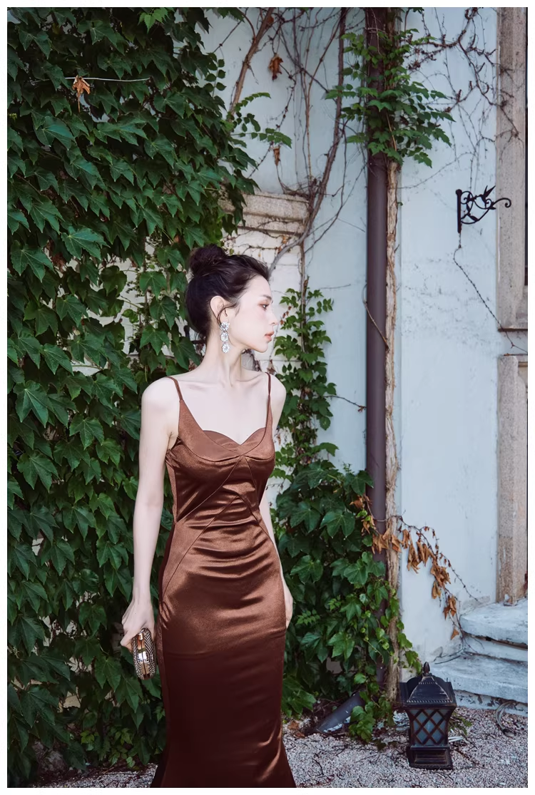 Stylish Spaghetti Straps Brown Satin Mermaid Long Evening Dress Formal Wedding Guest Dress D2449