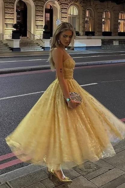 Gorgeous Sweetheart Neck Tulle Floral A Line Long Party Dress Gold Long Evening Dresses D4297