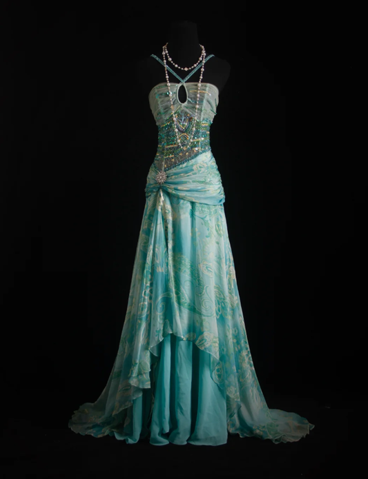 Classy Mint Green Chiffon Print Floral Beaded Mermaid Long Party Dress Formal Birthday Evening Gown D2010