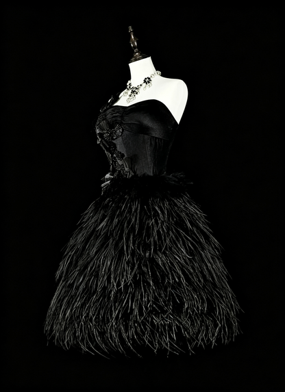 Classic Black Satin Feathers A Line Short 7th Grade Homecoming Dress,One Shoulder Mini Party Dress D4055
