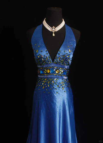 Gorgeous Halter V Neck Satin Beaded Long Prom Dress,Blue Mermaid Party Gown D2850