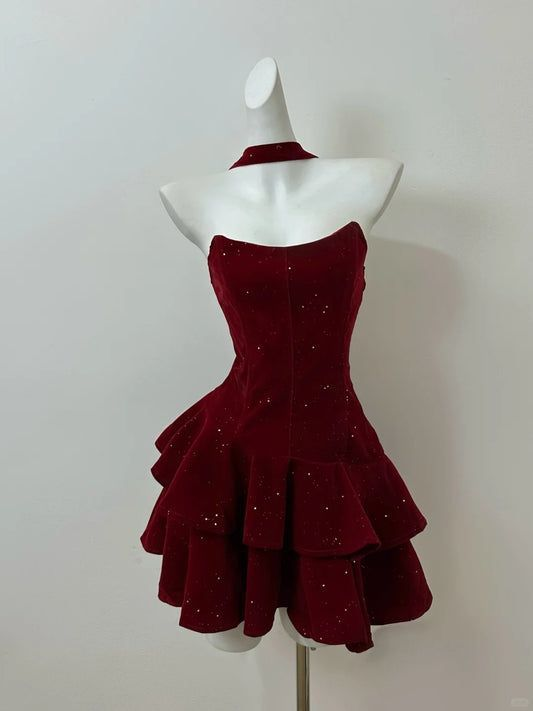 Charming Burgundy Strapless A Line Layered Short Prom Dress Formal Homecoming Dress Birthday Outfits S868