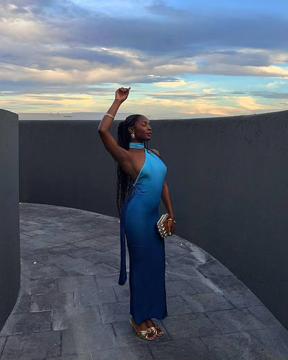 Sexy One Shoulder Backless Ombre Sea Blue Satin Mermaid Evening Gown Long Party Dress D831