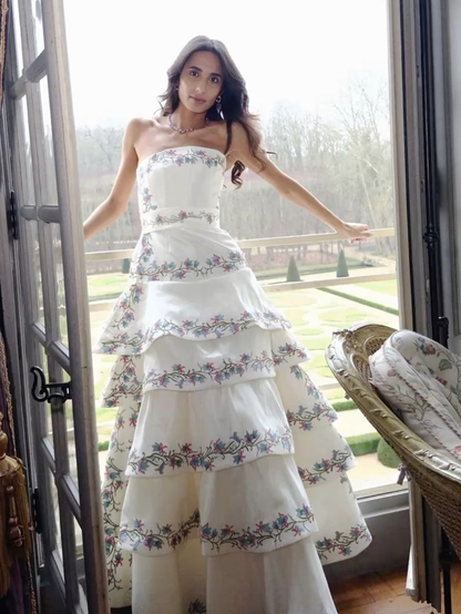 Classy Strapless White Satin Layered Embroidered Floral Long Evening Dress Birthday Prom Dresses D4784