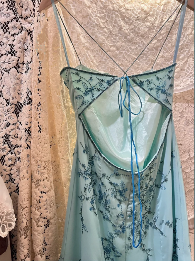 Gorgeous Spaghetti Straps Omber Blue Chiffon Beaded Mermaid Long Party Dress Evening Gown D21118