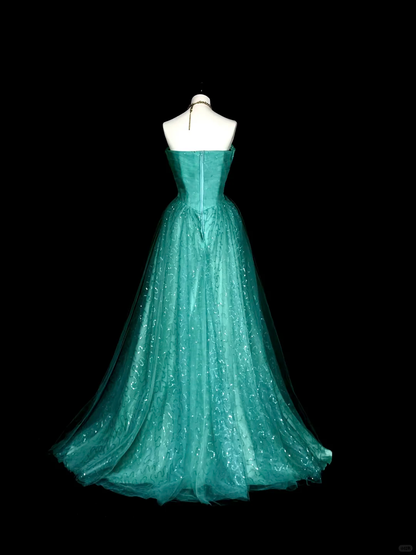 Vintage Sweetheart Neck Green Tulle Sequin Beaded Long Party Dress Evening Dress D5372