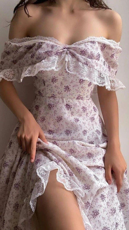 Glamorous Off The Shoulder Chiffon Print Floral Lace Hem Evening Dress,Lilac Long Party Gown D3765