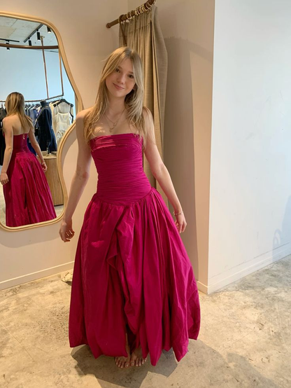 Pretty Fuchsia Strapless Satin Pleated Long Evening Dress Birthday Prom Dress D5028