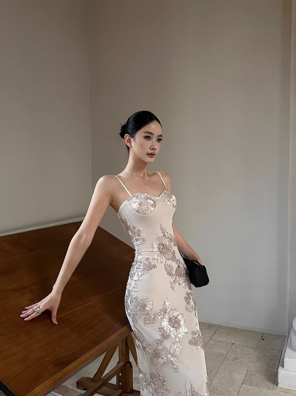 Unique Champagne Satin Floral Mermaid Evening Dress Spaghetti Straps Long Party Gown D2129