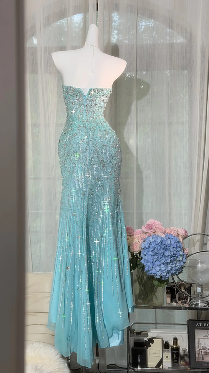 Glamorous Sweetheart Neck Blue Chiffon Sequin Beaded Mermaid Long Party Dress Evening Gown D2938