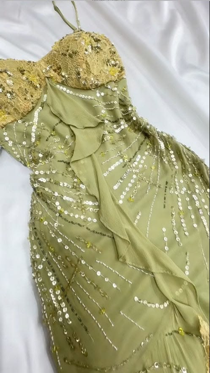 Vintage Sage Green Mermaid Party Dress Spaghetti Straps Chiffon Lace Sequin Long Prom Dresses D4990