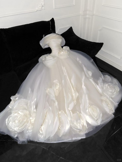 Cute Off White Organza 3D Flowers Ball Gown Long Wedding Dress  D1340