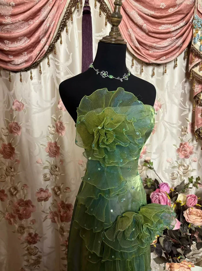 Vintage Green Strapless Satin Tulle Layered Ruffle Mermaid Long Prom Dress Evening Gown D1127