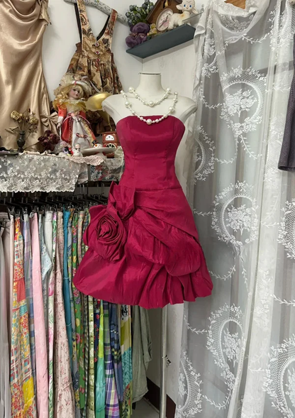 Vintage Strapless Red A-Line Satin Short Graduation Homecoming Dress 20th Birthday Outfits S867
