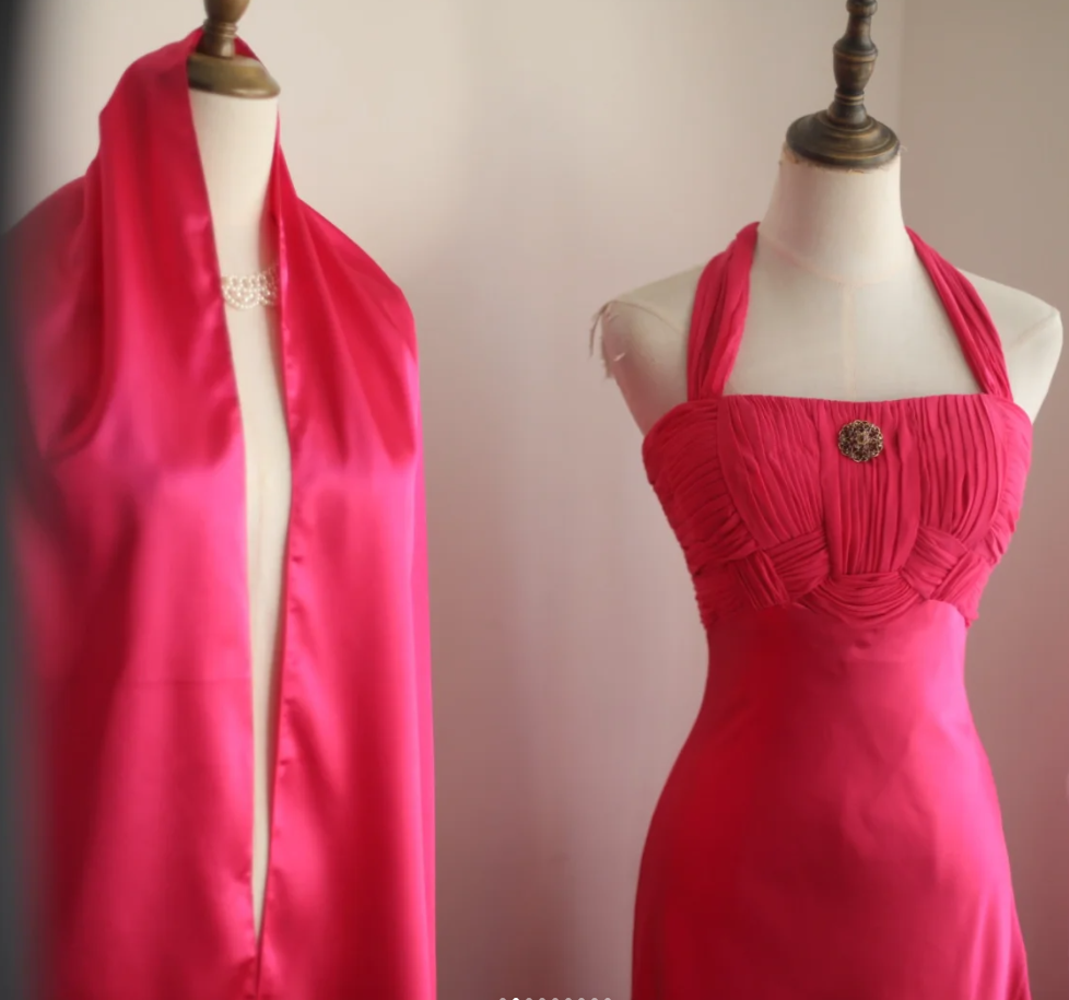 Glamorous Halter Hot Pink Satin Chiffon Mermaid Long Party Dress Formal Birthday Prom Gowns With Cape D2329