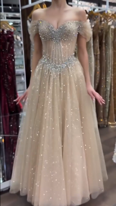 Elegant Champagne Tulle Sequin Beaded A Line Long Party Dress Off The Shoulder Long Birthday Evening Dress D4633