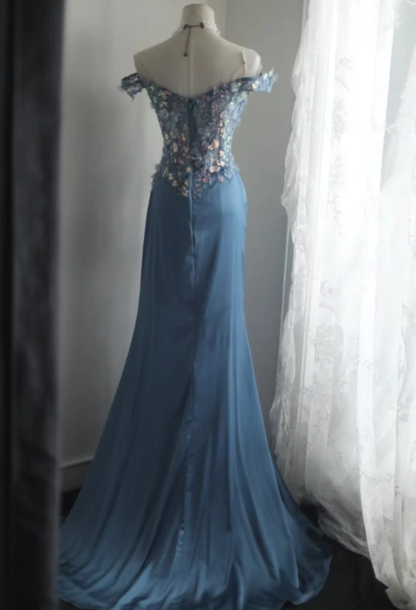 Gorgeous Off The Shoulder V Neck Satin Sequin Appliques Evening Dress Long Mermaid Slit Prom Dresses D2203