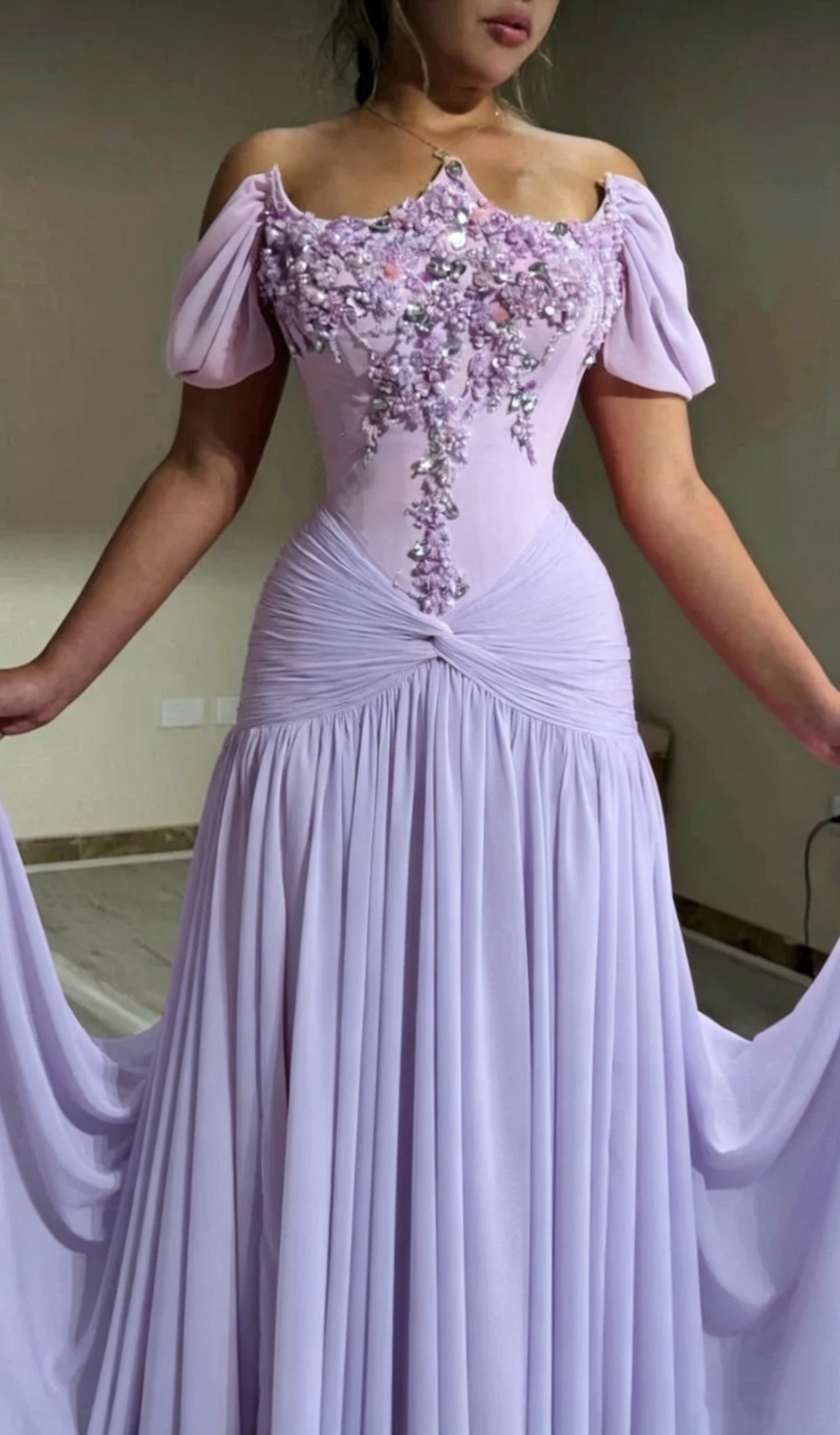 Cute Off The Shoulder Pink Chiffon Beaded Mermaid Long Party Dress Evening Gown D1304