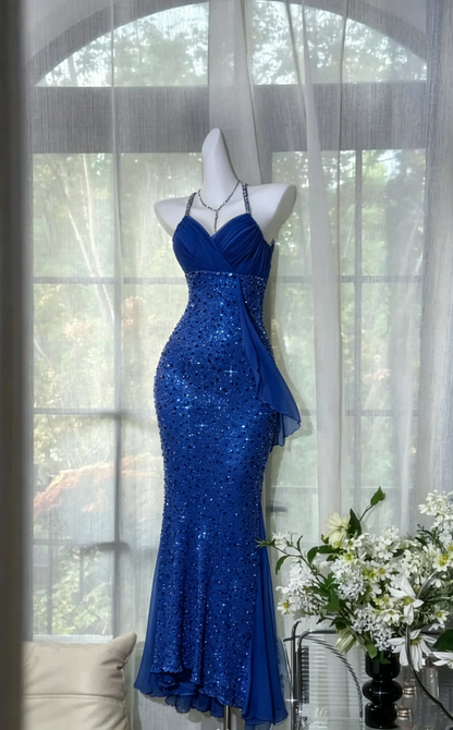Shiny White Halter V Neck Sequin Beaded Mermaid Prom Gown Backless Long Party Dress D925