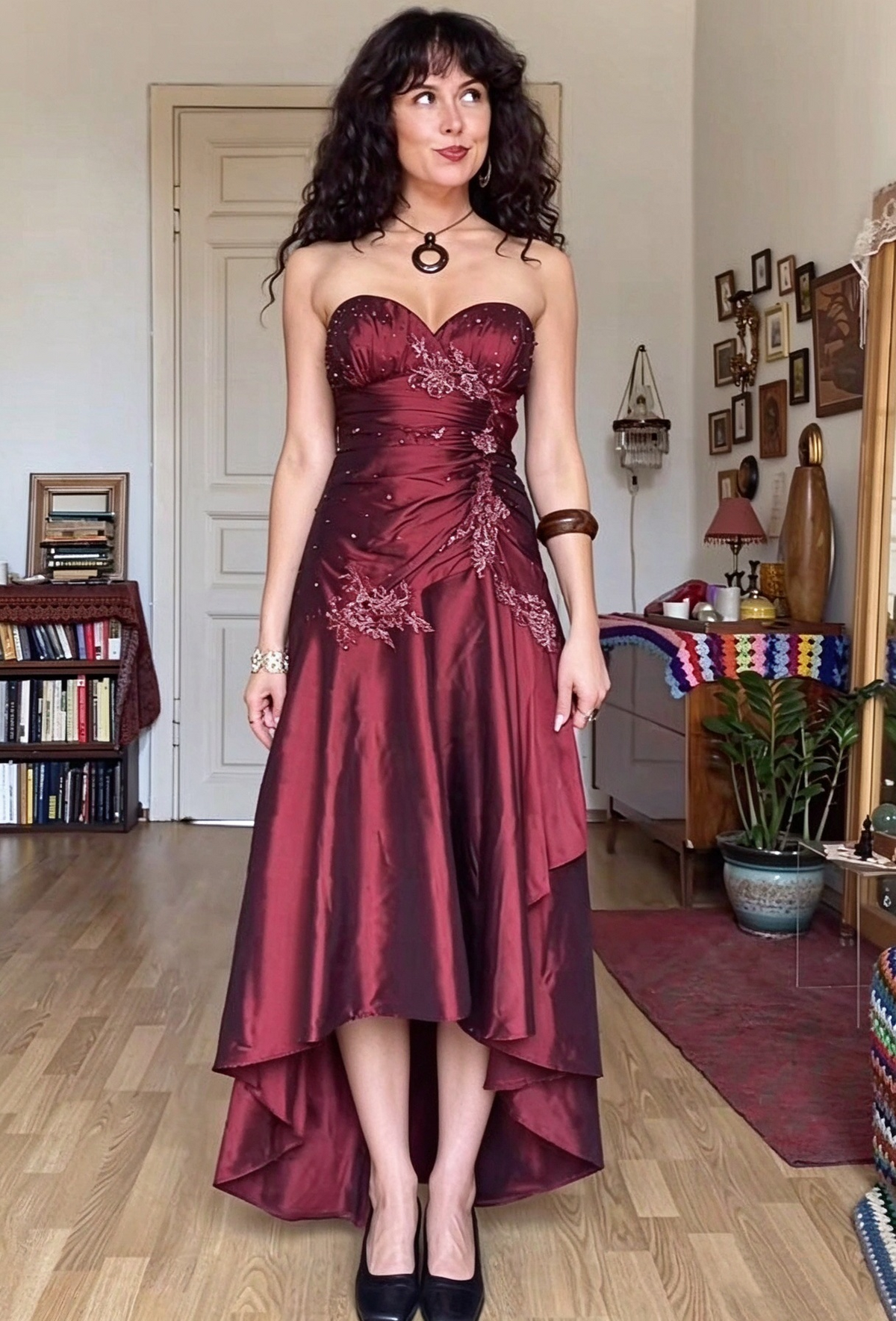 Vintage Burgundy Satin Pleated Beaded Long Party Dress Evening Gown D4950