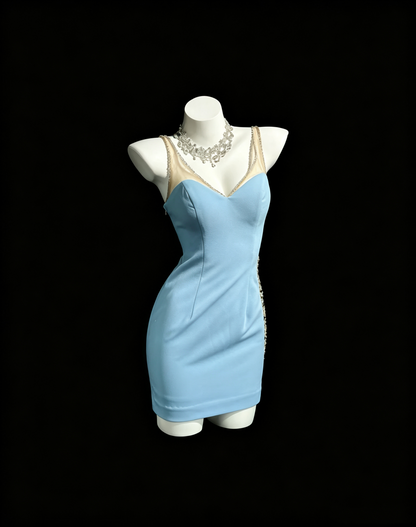 Classy V Neck Blue Satin Beaded Sheath Homecoming Dress Short Party Dress D3243