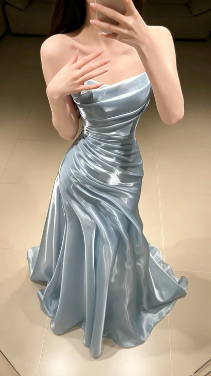 Pretty Strapless Tulle Pleated Mermaid Evening Dress Party Dress Sky Blue Long Wedding Guest Dress D1893