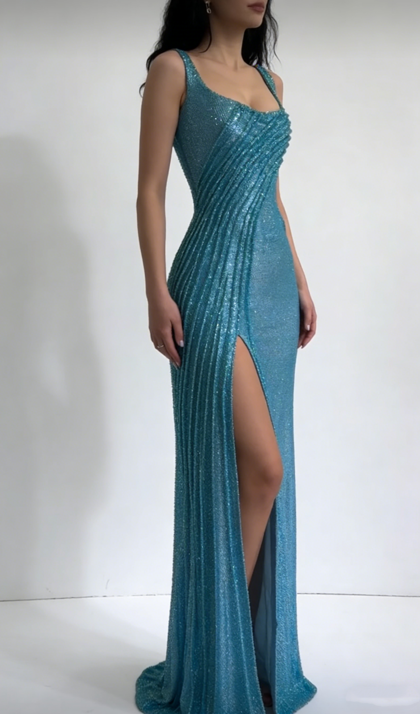 Gorgeous Blue Spaghetti Straps Sequin Slit Mermaid Long Evening Dress Birthday Prom Dress D1705